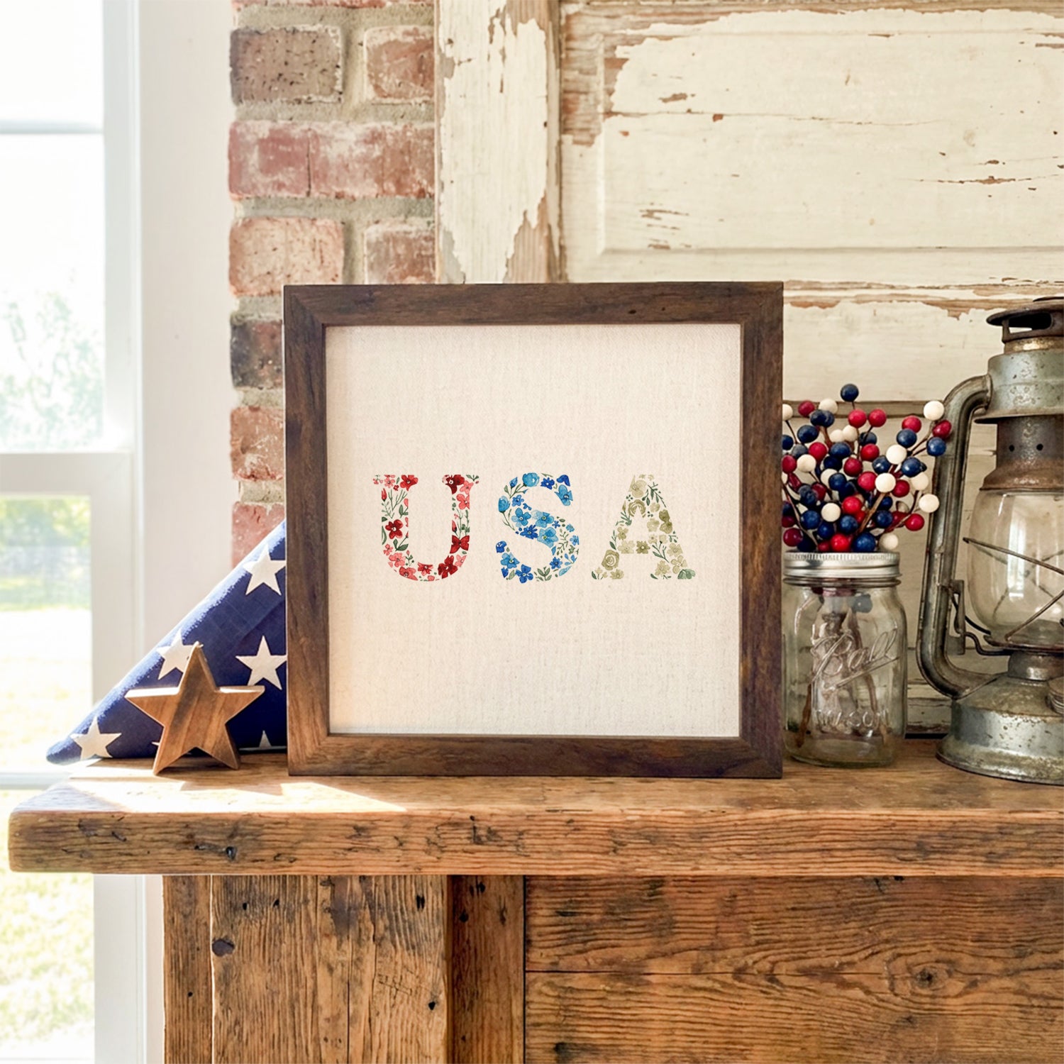 USA Letters Americanna Floral Watercolor - Framed Sign