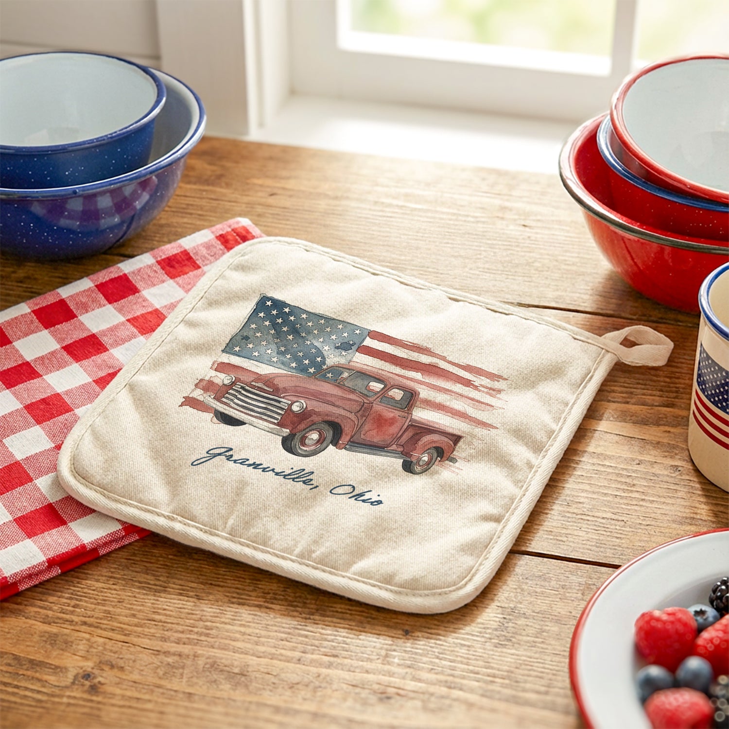 Watercolor American Flag & Red Truck - Custom Cotton Pot Holder