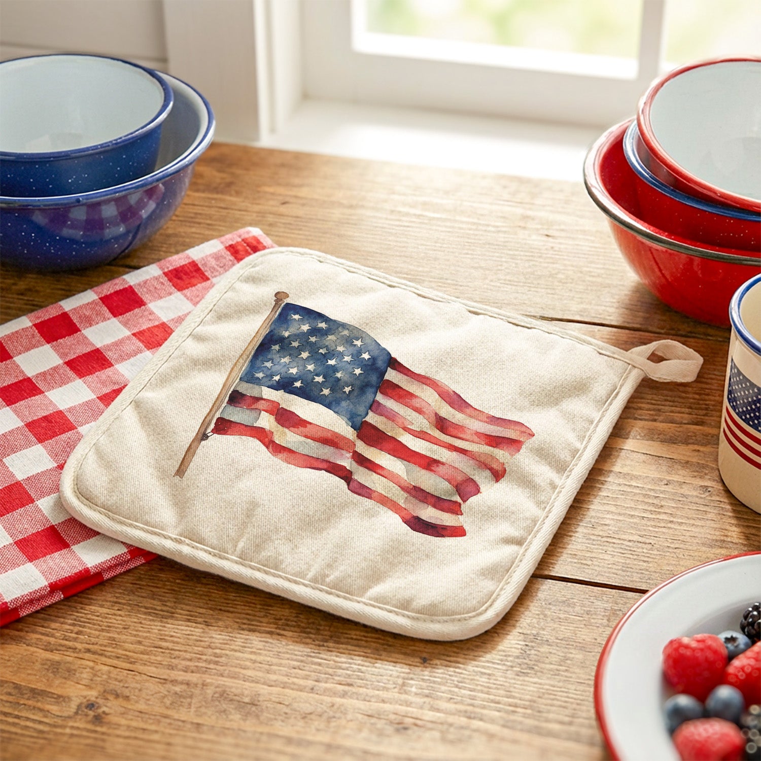 Watercolor Waving American Flag - Cotton Pot Holder