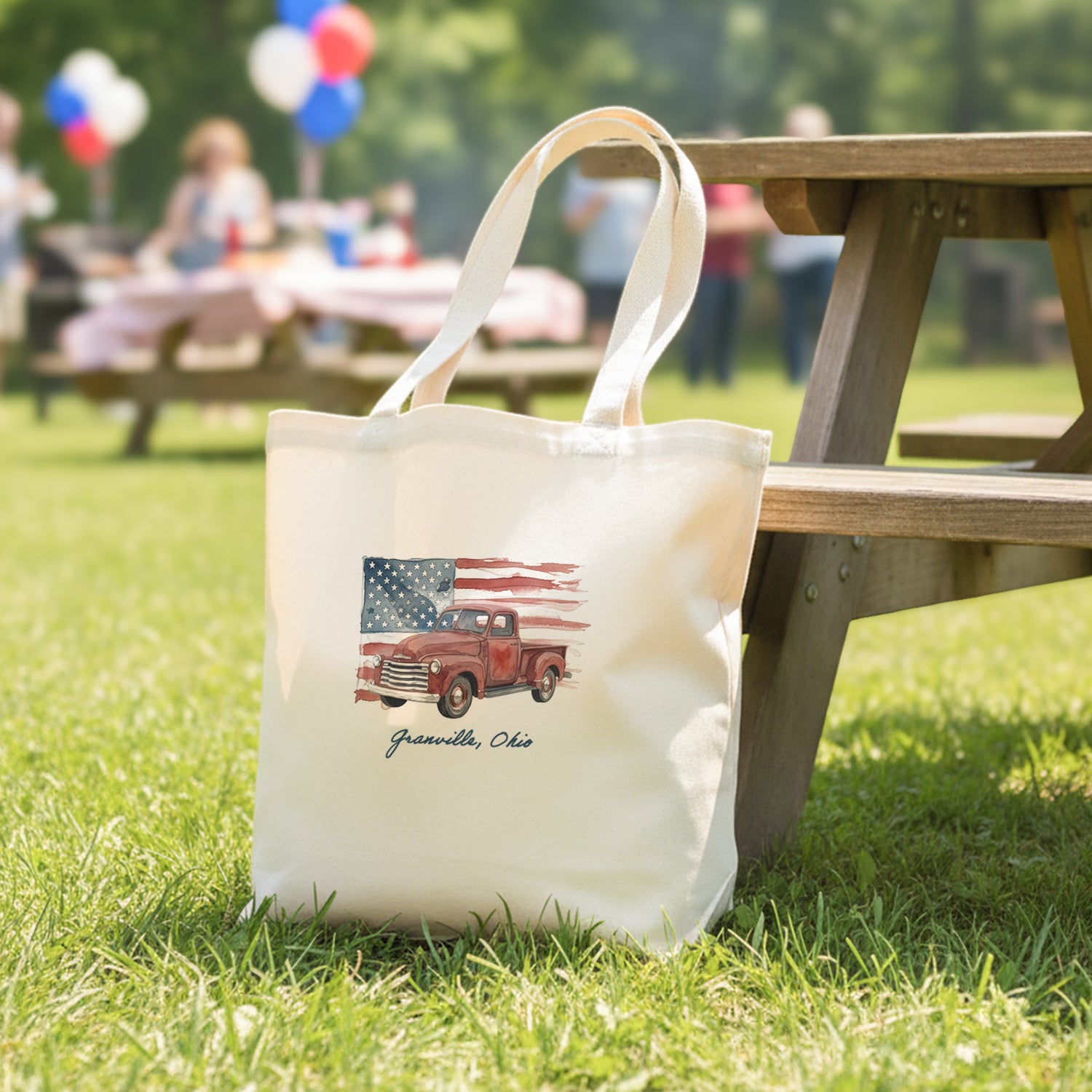 Watercolor American Flag & Red Truck - Custom Canvas Tote Bag