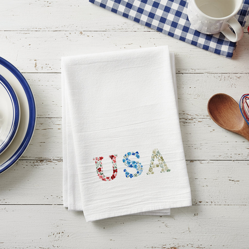 USA Letters Americanna Floral Watercolor - Cotton Tea Towel