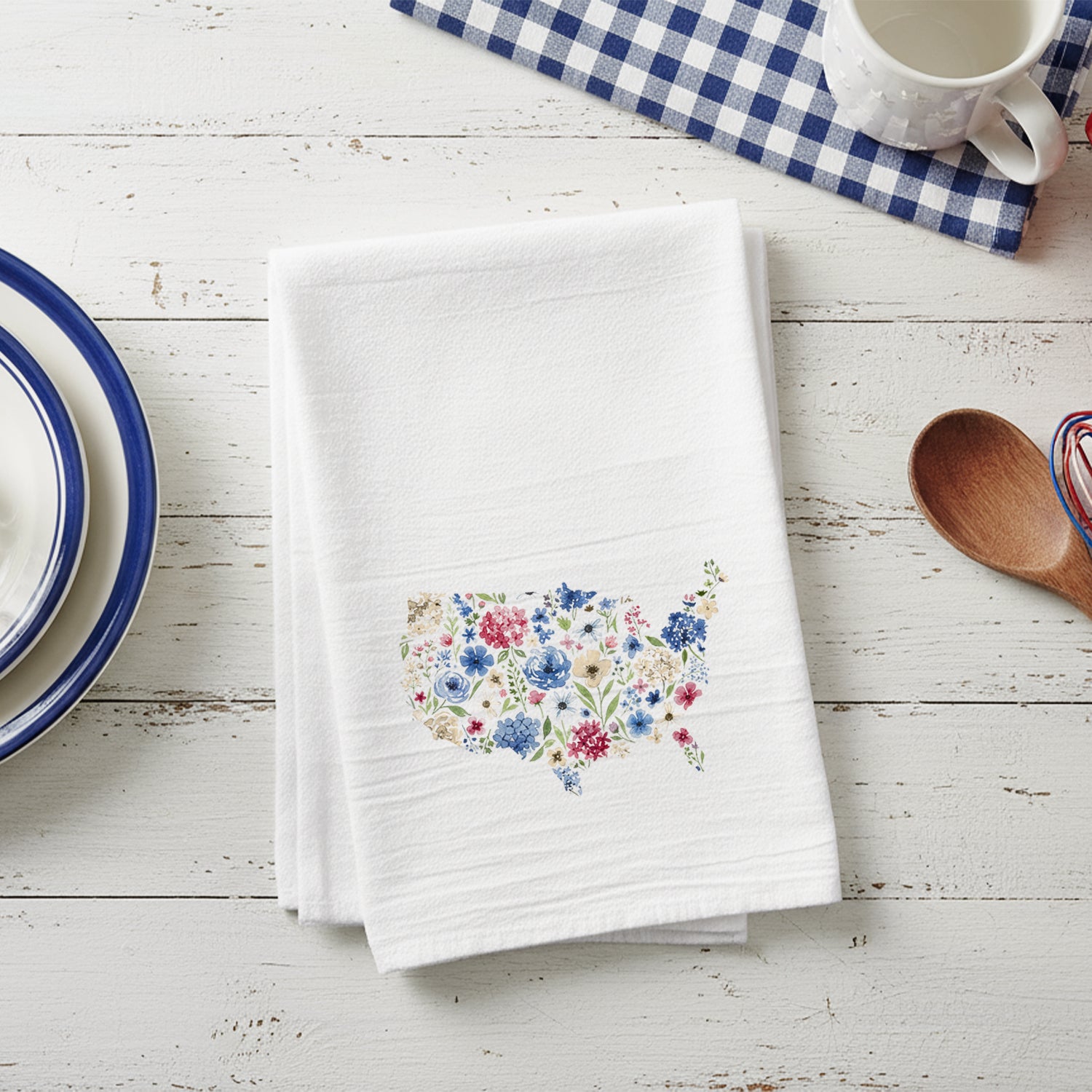 United States Americanna Floral Watercolor - Cotton Tea Towel