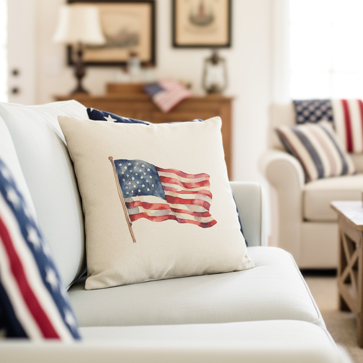 Watercolor Waving American Flag - Square Canvas Pillow