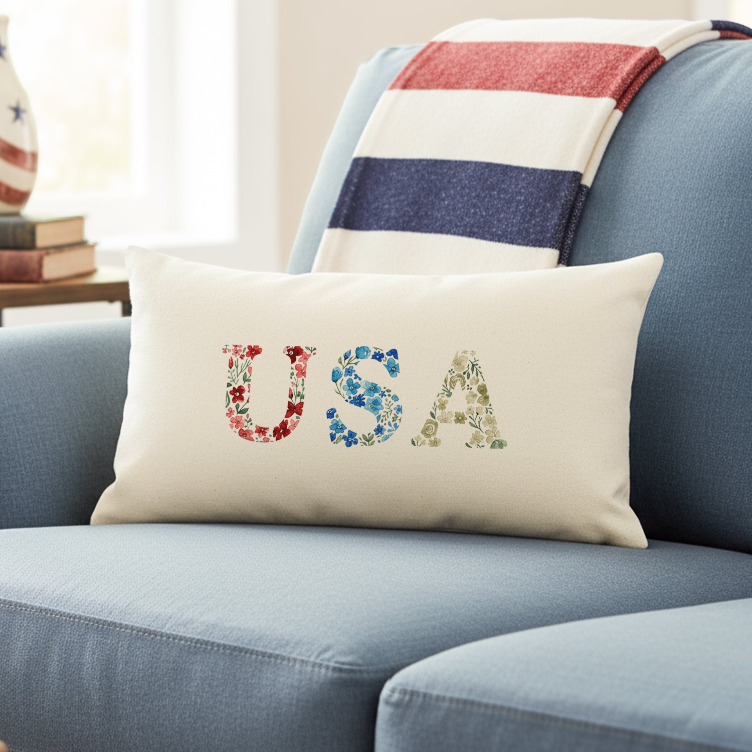 USA Letters Americanna Floral Watercolor - Rectangular Canvas Pillow